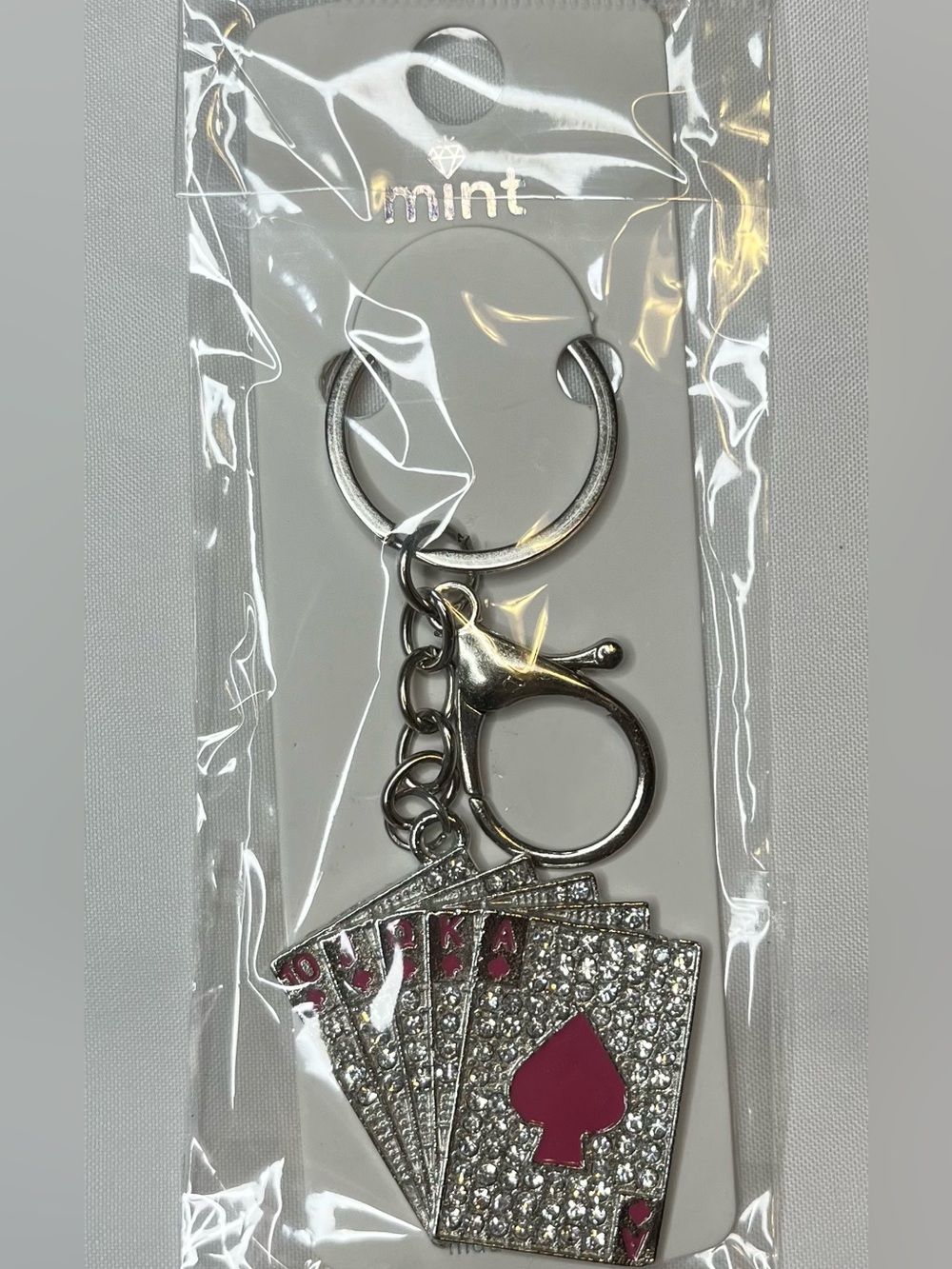 Mint Pink Crystal Spade Playing Cards Keychain Bag Charm
